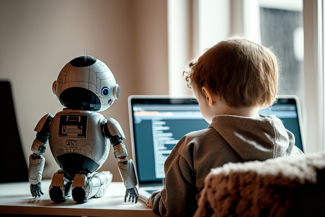 子供とロボットがパソコンを見ている